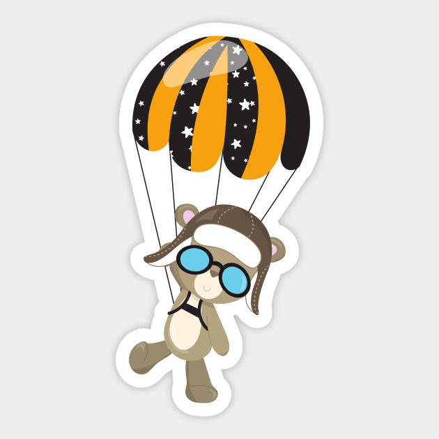 Aviator Bear, Pilot Bear, Cute Bear, Parachute Sticker by Jelena Dunčević